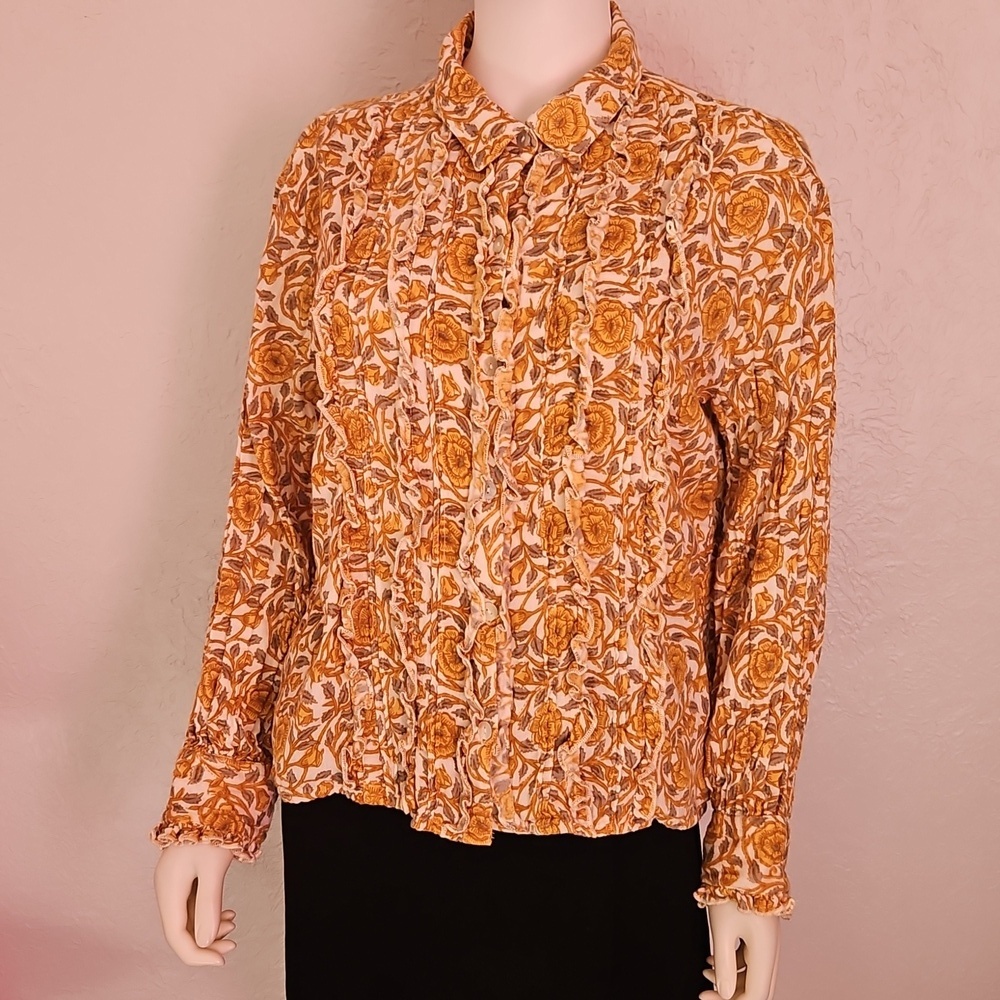 IVY JANE Retro Goldenrod Floral Ruffle Tuxedo Button Down Long Sleeve Shirt - Picture 3 of 9
